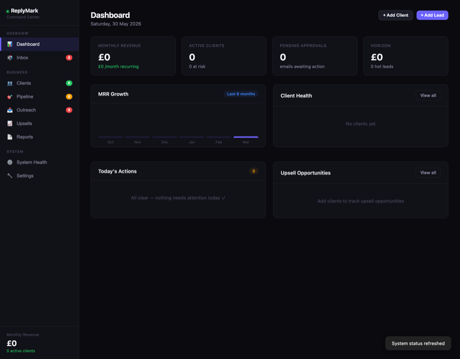 ReplyMark CRM — operator command centre dashboard